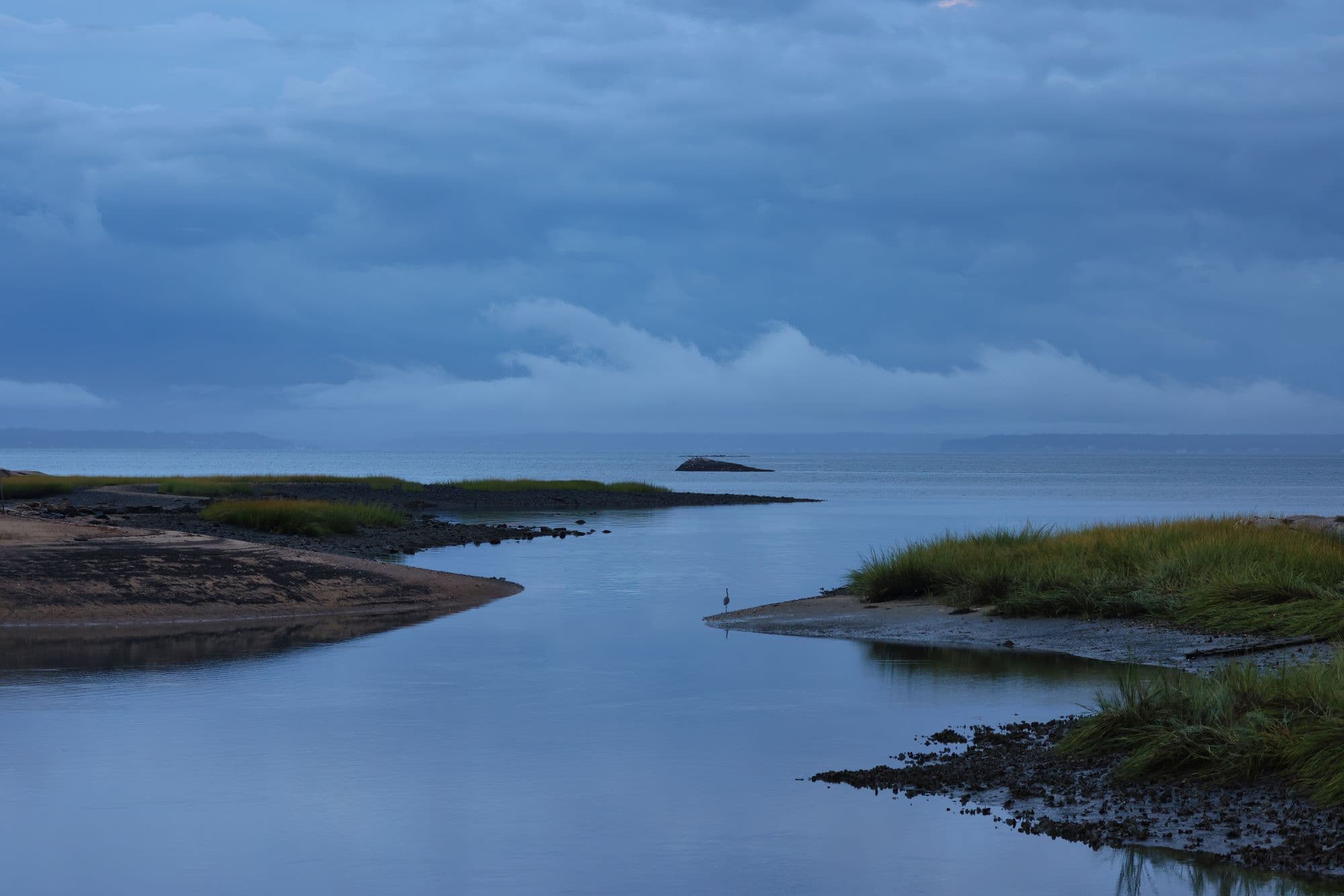 A tidal creek winding through marsh grass toward open water under a blue-grey sky